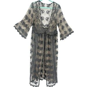 Natural Life gray Lace sheer bohemian duster kimono OS coverup tie romantic